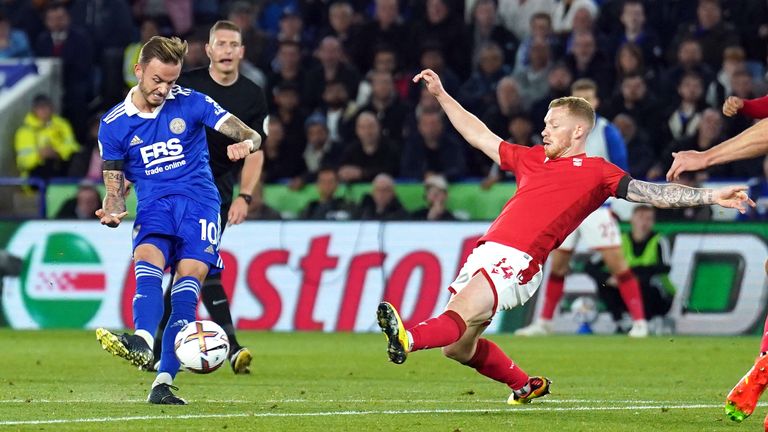 James Maddison scores Leicester's opening goal vs Nottingham Forest