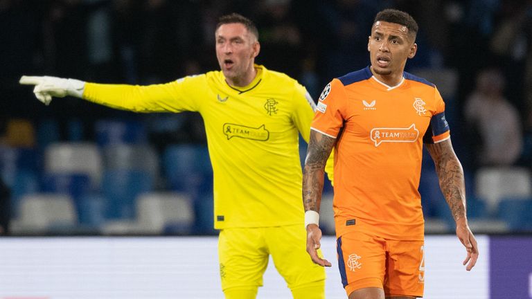 Rangers&#39; Allan McGregor and James Tavernier look frustrated the loss at Napoli