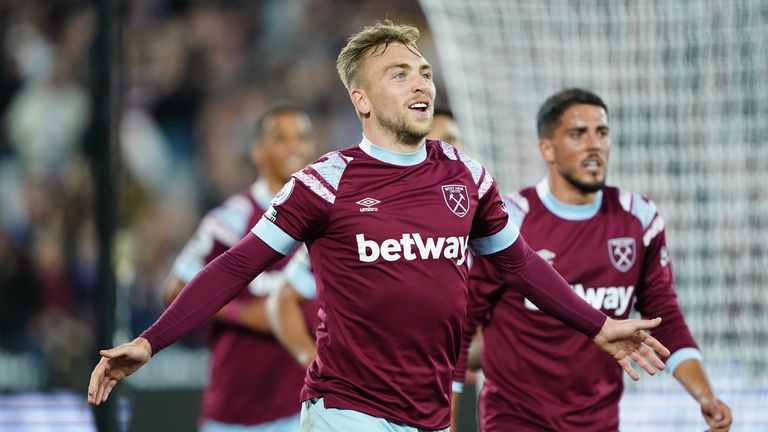 West Ham United's Jarrod Bowen celebrates scoring their side's second goal of the game