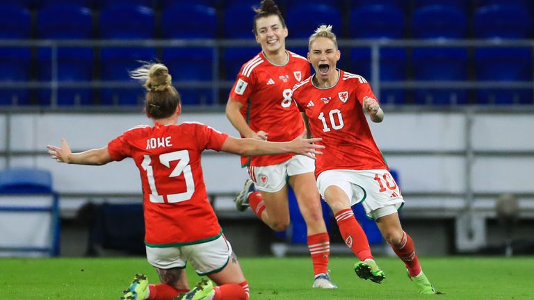 Wales� Jess Fishlock (right) celebrates scoring their side&#39;s first goal of the game during the FIFA Women&#39;s World Cup play-off match at Cardiff City Stadium, Wales. Picture date: Thursday October 6, 2022.