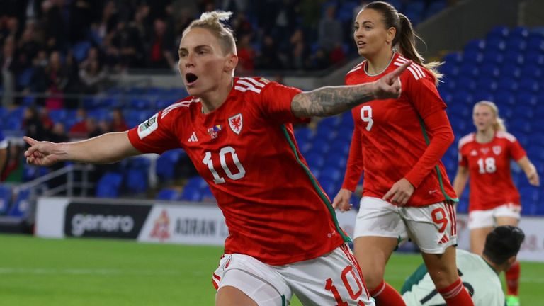 Wales' Jess Fishlock shoots and scores, only to have Wales' fourth goal disallowed during the 2023 FIFA Women's World Cup play-off first round match between Wales and Bosnia and Herzegovina in Cardiff City Stadium on 6 October 2022 in Cardiff, Wales.  (Photo Huw Fairclough/Getty Images)