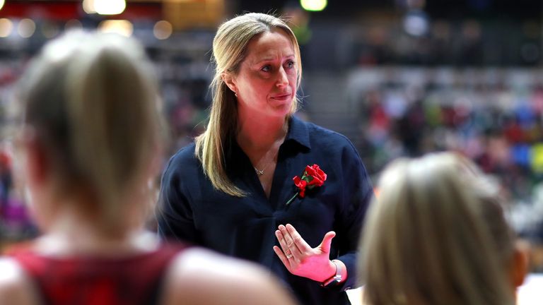 Head Coach of Vitality Roses Jess Thirlby speaks to her team during the 2022 Netball Quad Series match between Vitality Roses and Australia at Copper Box Arena on January 19, 2022 in London, England. (Photo by Chloe Knott/Getty Images for England Netball)