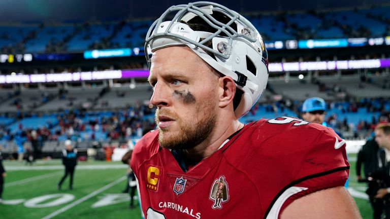 Arizona Cardinals defensive end J.J. Watt leaves the field after their win against the Carolina Panthers during the second half of an NFL football game on Sunday, Oct. 2, 2022, in Charlotte, N.C. (AP Photo/Jacob Kupferman)