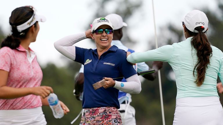 Jodi Ewart Shadoff, center, of England, is congratulated by Paula Reto, right, and Andrea Lee after winning during the MEDIHEAL Championship golf tournament Sunday, Oct. 9, 2022, in Camarillo, Calif. (AP Photo/Mark J. Terrill)