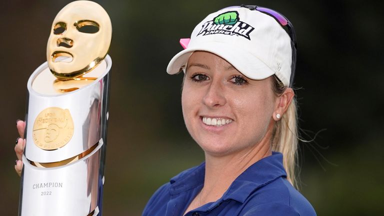 Jodi Ewart Shadoff, of England, poses with her trophy after winning the MEDIHEAL Championship golf tournament Sunday, Oct. 9, 2022, in Camarillo, Calif. (AP Photo/Mark J. Terrill) 