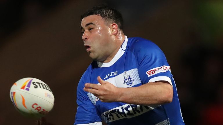 DONCASTER, ENGLAND - OCTOBER 17: Jordan Meads of Greece in action during the Rugby League World Cup 2021 Pool A match between France and Greece at Keepmoat Stadium on October 17, 2022 in Doncaster, England. (Photo by Jan Kruger/Getty Images for RLWC)