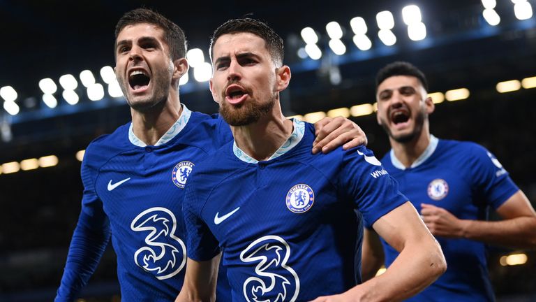 Jorginho celebrates after giving Chelsea the lead through an 87th-minute penalty