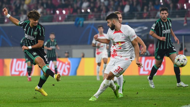 Celtic's Jota has a shot at goal during a UEFA Champions League match between RasenBallsport Leipzig and Celtic at the Red Bull Arena