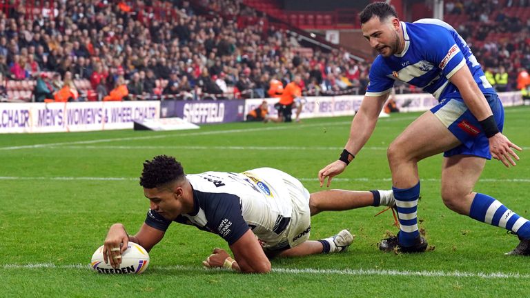 England v Greece - Rugby League World Cup - Group A - Bramall Lane
England's Kai Pearce-Paul scores their side's fifteenth try of the game during the Rugby League World Cup group A match at Bramall Lane, Sheffield. Picture date: Saturday October 29, 2022.