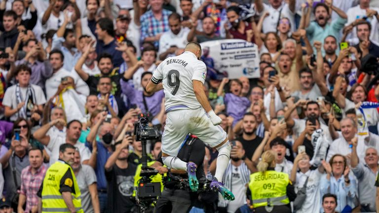 Real Madrid&#39;s Karim Benzema celebrates after scoring