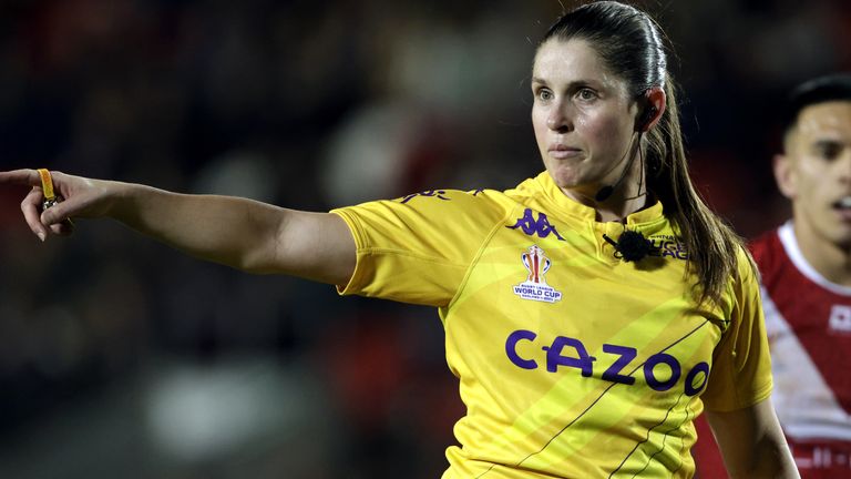 Referee Kasey Badger during the Rugby League World Cup group D match at the Totally Wicked Stadium, St Helens. Kasey Badger has become the first woman to referee a men's Rugby League World Cup match. Picture date: Monday October 24, 2022.