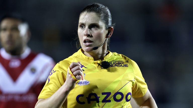 Referee Kasey Badger during the Rugby League World Cup group D match at the Totally Wicked Stadium, St Helens. Kasey Badger has become the first woman to referee a men's Rugby League World Cup match. Picture date: Monday October 24, 2022.