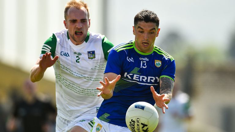 28 May 2022; Tony Brosnan of Kerry in action against Sean O'Dea of Limerick during the Munster GAA Football Senior Championship Final match between Kerry and Limerick at Fitzgerald Stadium in Killarney. Photo by Diarmuid Greene/Sportsfile