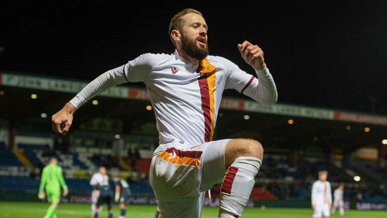 DINGWALL, SCOTLAND - OCTOBER 04: Motherwell's Kevin Van Veen celebrates after making it 5-0 during a cinch Premiership match between Ross County and Motherwell at the Global Energy Stadium, on October 04, 2022, in Dingwall, Scotland. (Photo by Mark Scates / SNS Group)