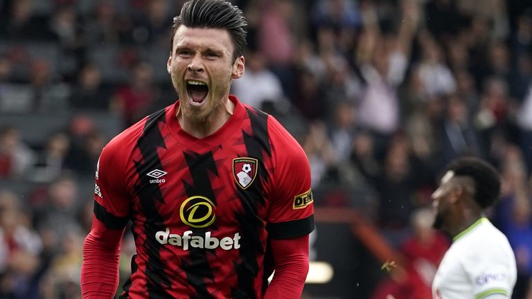 Kieffer Moore celebrates after Bournemouth take the lead against Spurs