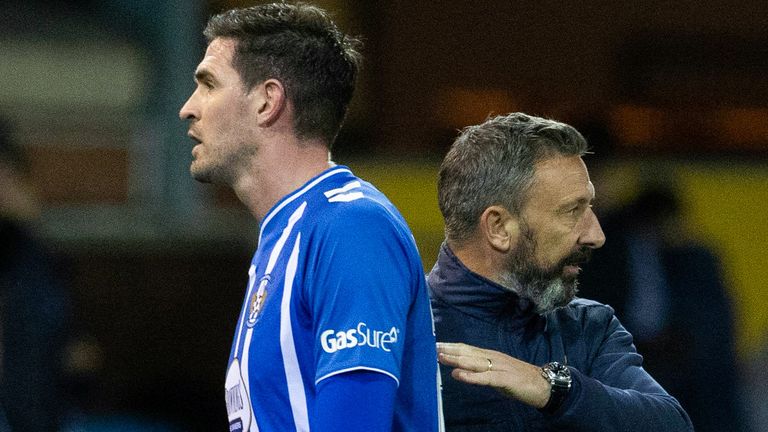 KILMARNOCK, SCOTLAND - OCTOBER 05: Kilmarnock's Kyle Lafferty is subbed off during a cinch Premiership match between Kilmarnock and St Johnstone at Rugby Park, on October 05, 2022, in Kilmarnock, Scotland.  (Photo by Alan Harvey / SNS Group)