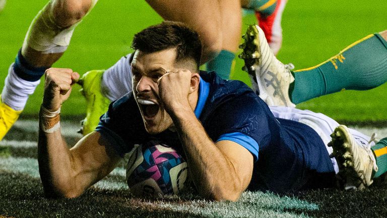 EDINBURGH, SCOTLAND - OCTOBER 29: Scotland's Blair Kinghorn makes it 10-6 during an Autumn Nations Series match between Scotland and Australia at BT Murrayfield, on October 29, 2022, in Edinburgh, Scotland.  (Photo by Ross MacDonald / SNS Group)