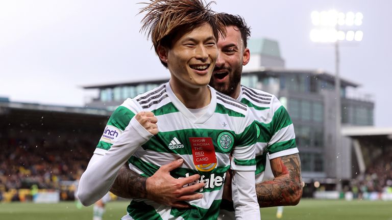 Celtic's Kyogo Furuhashi celebrates his goal against Livingston