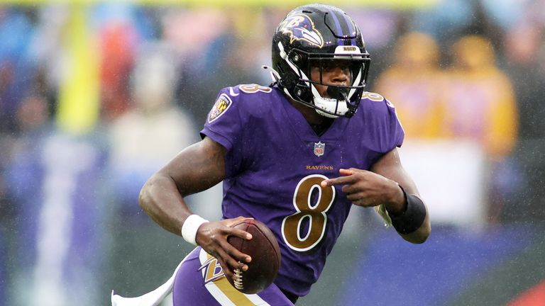Baltimore Ravens quarterback Lamar Jackson (8) runs during an NFL football game against the Buffalo Bills, Sunday, Oct. 2, 2022 in Baltimore. (AP Photo/Daniel Kucin Jr.)