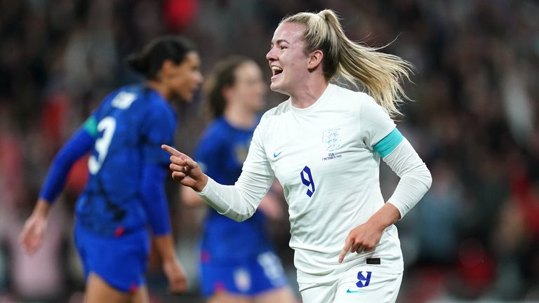 Lauren Hemp celebrates giving England the lead at Wembley