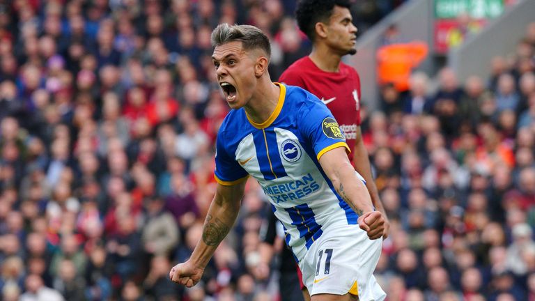 Leandro Trossard celebrates his hat-trick