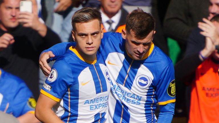 Leandro Trossard celebrates with team-mates after putting Brighton in front