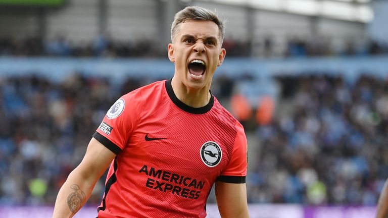 Leandro Trossard roars in celebration after scoring for Brighton against Man City