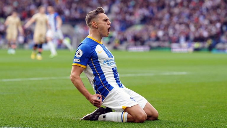Leandro Trossard celebrates after giving Brighton the lead against Chelsea