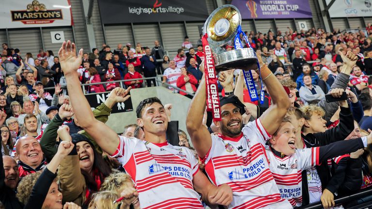 Picture by Alex Whitehead/SWpix.com - 02/10/2022 - Rugby League - Betfred Championship Grand Final - Leigh Centurions vs Batley Bulldogs - Leigh Sports Village, Leigh, England - Leigh players celebrate with the trophy.