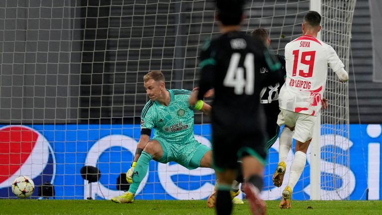 RB Leipzig's Andre Silva scores his side's second goal against Celtic
