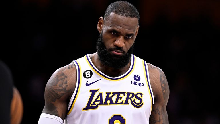 Los Angeles Lakers forward LeBron James looks furious on court against the Portland Trail Blazers