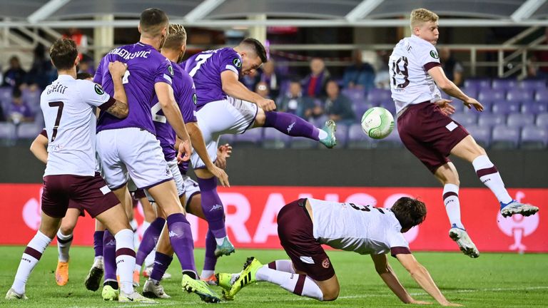 Fiorentina's Luka Jovic, third from right, scores his side's opening goal in Florence