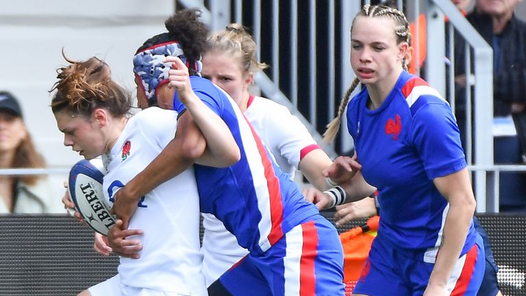 England's Lydia Thompson is tackled during the TikTok Women's Six Nations match at the Stade Jean Dauger in Beyonne, France. Picture date: Saturday April 30, 2022 