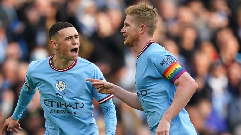 Kevin De Bruyne celebrates his goal with Phil Foden