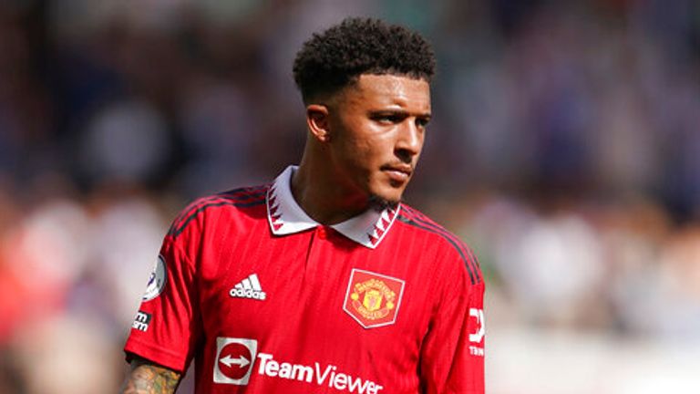 Manchester United's Jadon Sancho stands during the English Premier League soccer match between Manchester United and Brighton at Old Trafford stadium in Manchester, England, Sunday, Aug. 7, 2022. (AP Photo/Dave Thompson