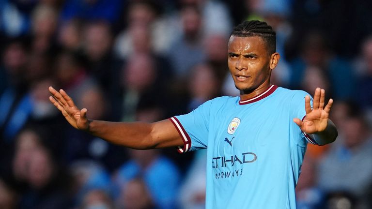 Manchester City's Manuel Akanji gestures during the English Premier League soccer match between Manchester City and Southampton at Etihad stadium in Manchester, England, Saturday, Oct. 8, 2022. (AP Photo/Jon Super)