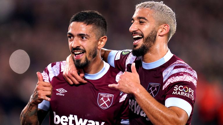 Manuel Lanzini (left) celebrates with team-mate Said Benrahma after scoring a penalty against Silkeborg
