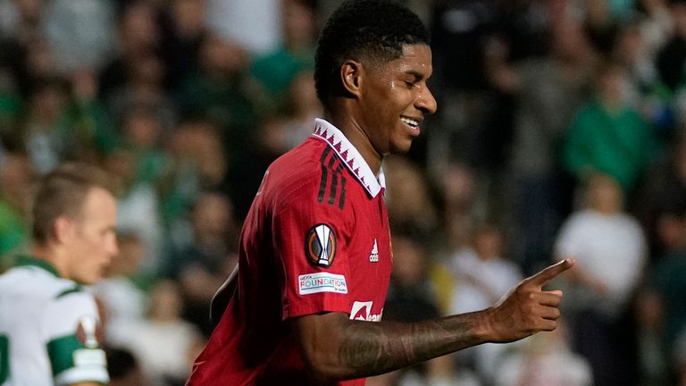 Marcus Rashford of Manchester United celebrates after scoring his team's third goal during the Europa League Group E football match between Omonia and Manchester United at the GSP stadium in Nicosia, Cyprus, Thursday, October 6, 2022. (AP Photo/Petros Karadjias)