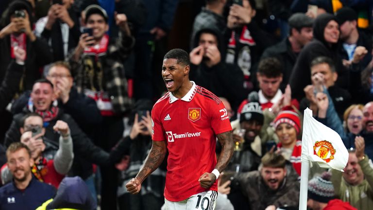 Manchester United&#39;s Marcus Rashford celebrates scoring their side&#39;s first goal of the game during the Premier League match at Old Trafford, Manchester. Picture date: Sunday October 30, 2022.