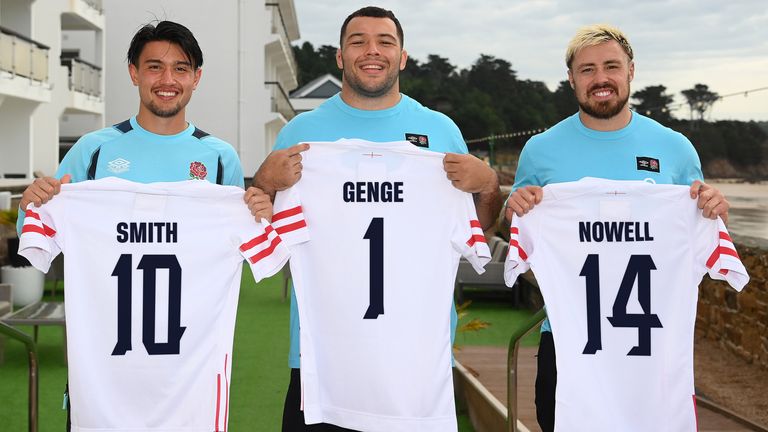 SAINT PETER, JERSEY - OCTOBER 27: (L-R) Marcus Smith, Ellis Genge and Jack Nowell pose with England playing shirts showing their names on October 27, 2022 in Saint Peter. England will wear shirts showing players names on the back during the forthcoming Autumn Nations Series (Photo by Alex Davidson - RFU/The RFU Collection via Getty Images)