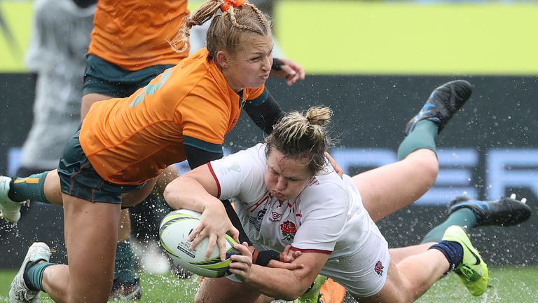 Marlie Packer scores one of her three tries in England's quarter-final victory over Australia