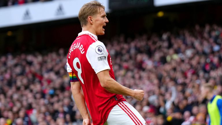 Martin Odegaard celebrates scoring Arsenal's fifth goal
