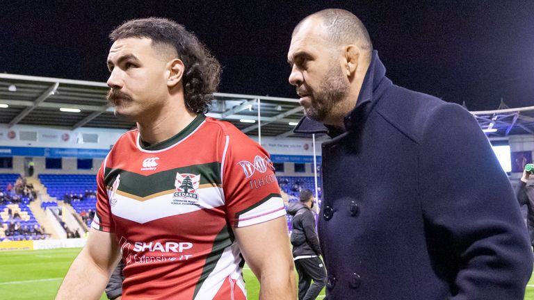 Picture by Allan McKenzie/SWpix.com - 16/10/2022 - Rugby League - Rugby League World Cup 2021 - New Zealand v Lebanon - Halliwell Jones Stadium, Warrington, England -Khalil Rahme with Lebanon coach Michael Cheika.