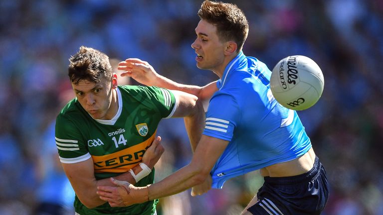 10 July 2022; David Clifford of Kerry in action against Michael Fitzsimons of Dublin during the GAA Football All-Ireland Senior Championship Semi-Final match between Dublin and Kerry at Croke Park in Dublin. Photo by Ray McManus/Sportsfile