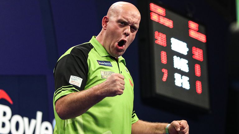 Michael van Gerwen celebrates after winning his match during Day One of the BoyleSports World Grand Prix at the Morningside Arena, Leicester, on Monday 3rd October 2022.
