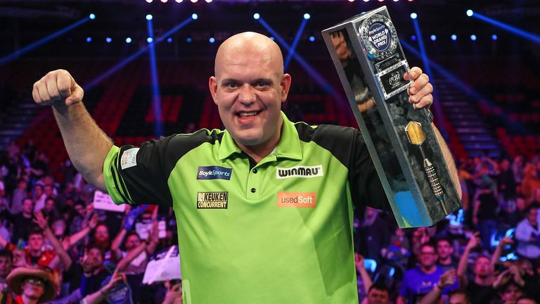 Michael van Gerwen with his trophy during Day Seven of the BoyleSports World Grand Prix at the Morningside Arena, Leicester, on Sunday 9th October 2022.