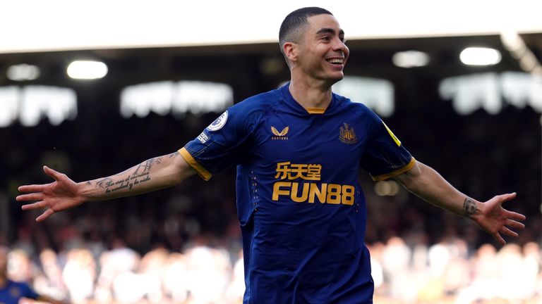 Miguel Almiron celebrates scoring his second goal and putting Newcastle 4-0 up