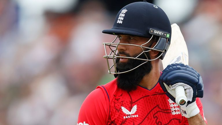 England's batsman Moeen Ali looks back as he leaves the field after being dismissed by South Africa's bowler Aiden Markram for 3 runs during the 3rd T20 Cricket match between England and South Africa in Southampton, England, Sunday, July 31, 2022. (AP Photo/David Cliff)