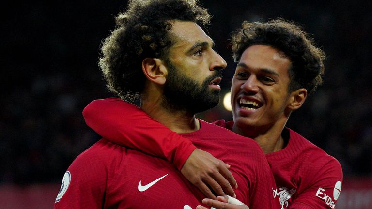 Mohamed Salah celebrates his goal with Fabio Carvalho