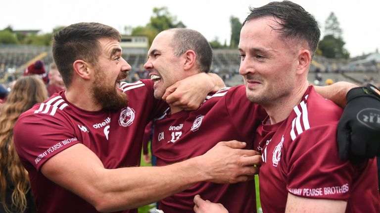 16 October 2022; From left, Drew Wylie, Paul Finlay and Shane McGuinness of Ballybay celebrates during the Monaghan County Senior Football Championship Final match between Scotstown and Ballybay Pearse Brothers at St Tiernach's Park in Clones, Monaghan. Photo by Philip Fitzpatrick/Sportsfile